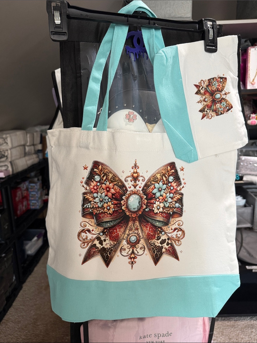 Canvas Tote Bag with Floral Bow Artwork - White & Aqua